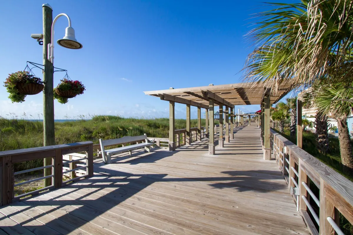 A tranquil exterior scene featuring a charming wooden walkway flanked by hanging flower baskets and palm trees, leading toward an open sky. The inviting pathway is ideal for leisurely walks and peaceful moments in nature.